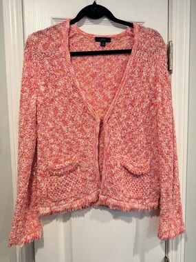 J.Crew Size S Pink Marled Knit Cardigan Sweater Clasp Front Boho Fringe Pockets
